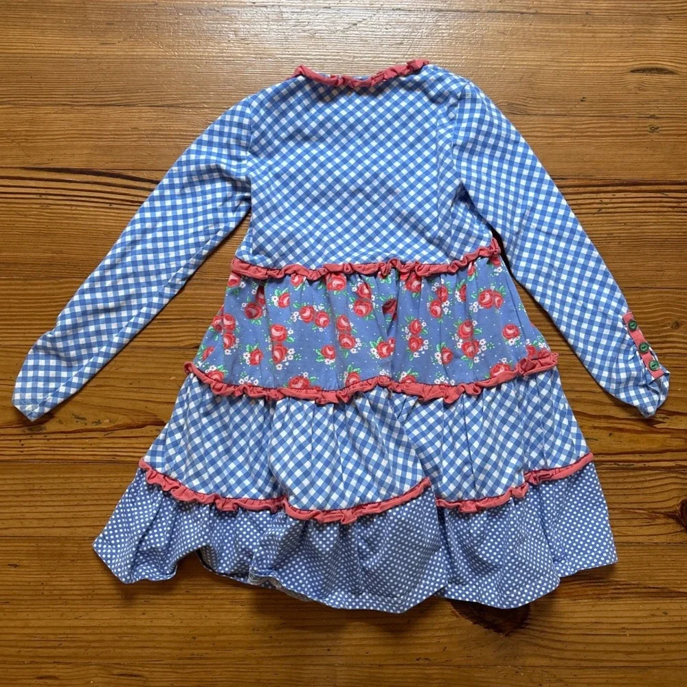 Serendipity‎ Dress Kids Blue Gingham Floral Tiered Ruffle Excellent SIZE M 5-6
